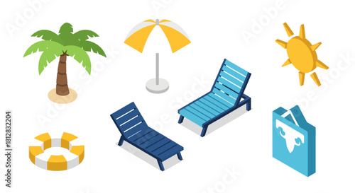 Isometric beach icons: palm tree, sun, umbrella, deck chairs, lifebuoy