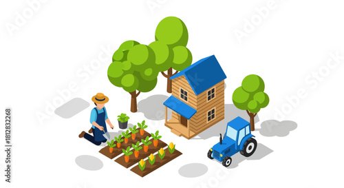 Isometric farming scene with farmer, vegetable garden, and tractor nex