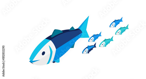 Blue isometric fish in motion with smaller companions on white backgro