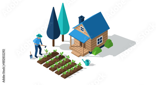 Isometric garden scene with farmer cultivating vegetables near blue ro