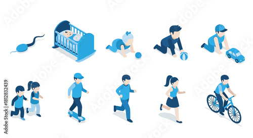 Isometric growth stages of children: baby to kid activities in blue to