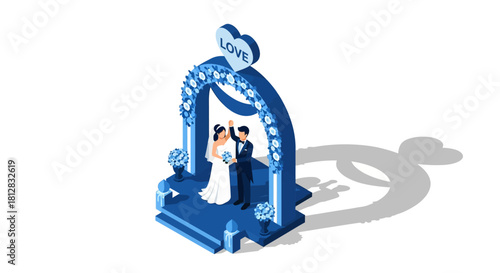 Isometric wedding couple under floral arch with love sign