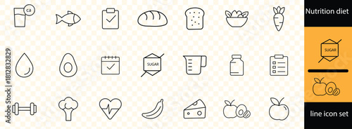 Nutrition icon set. Containing healthy food, diet, wellness, protein, vitamins, minerals, vegetables, water, meal planning, fruits and more. Editable line icons. Vector illustration