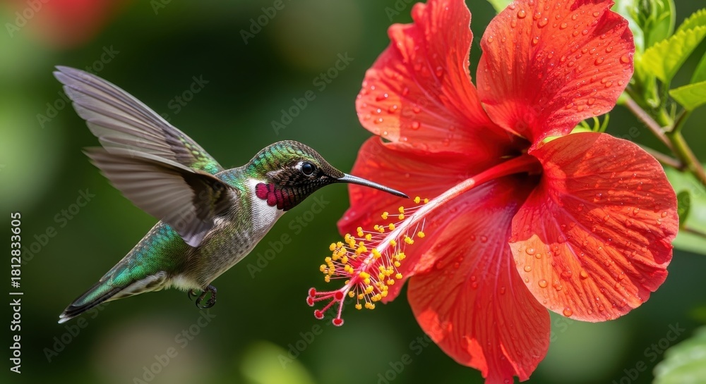 Naklejka premium Hummingbird in flight approaches vibrant red hibiscus flower, sipping nectar and spreading beauty in nature's perfect harmony, an elegant summer scene