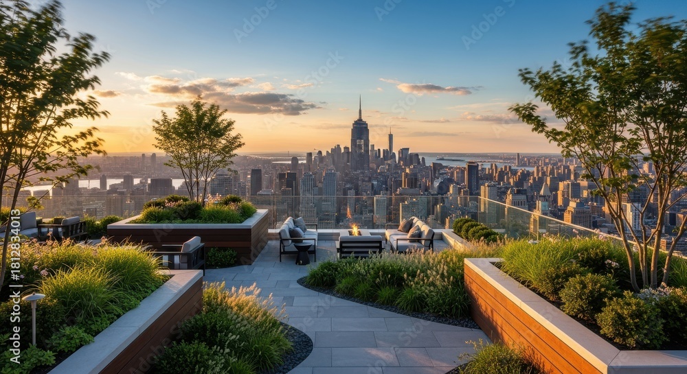 Obraz premium Stunning rooftop garden in New York City with a breathtaking skyline view at sunset, offering a luxurious and tranquil urban escape for relaxation