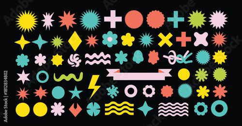 Retro y2k graphic elements collection in bright colors on black background