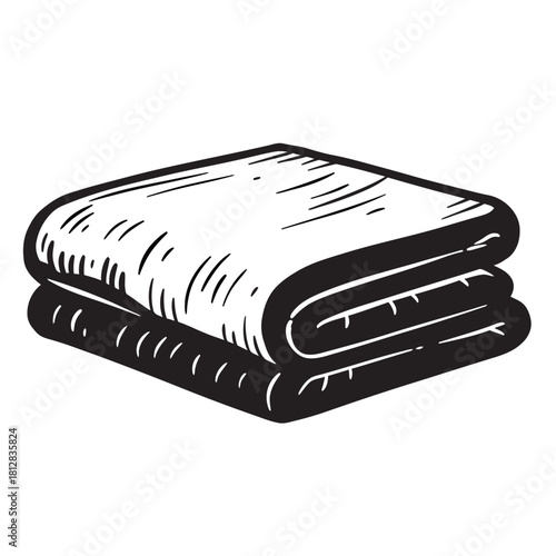 Black and white illustration of a thick, neatly folded blanket or towel, representing comfort, bedding, bathroom linens, laundry, and textile product concepts.
