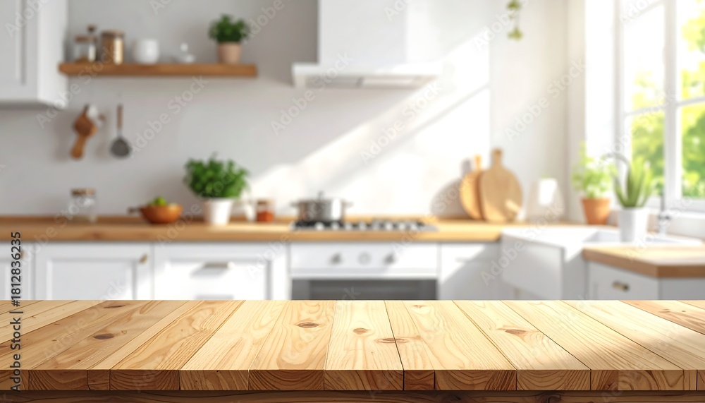 Fototapeta premium Wooden table in a bright, modern kitchen with sunlight streaming in.