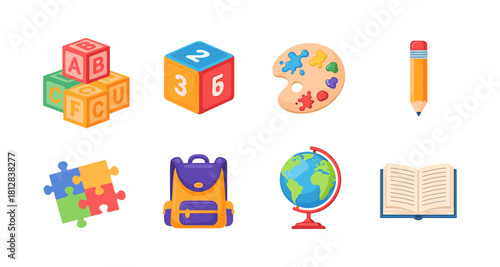 Colorful educational icons featuring school supplies and learning tools