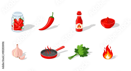 Vibrant set of spicy food icons featuring chili peppers, hot sauce, and aromatic herbs