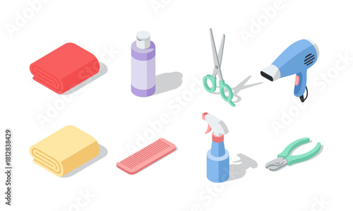 Isometric grooming tools on white background featuring scissors, hair dryer, and towel