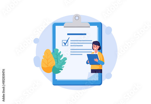 Flat design of woman holding clipboard with checklist and leaves
