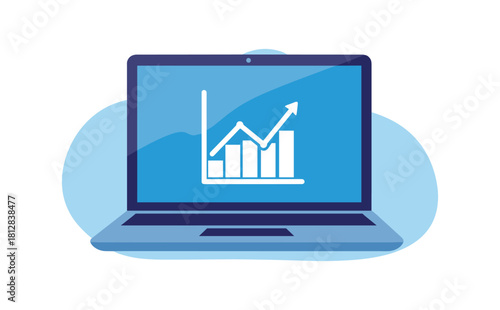 Flat design laptop with growth chart displaying rising financial graph