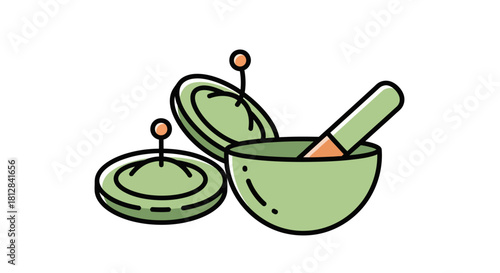 Minimalist green cosmetic jar with applicator and lid on white backgro