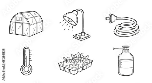 Gardening essentials line art: greenhouse sprouts thermometer hose