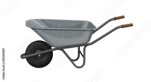 Realistic gray wheelbarrow with wooden handles for gardening and const