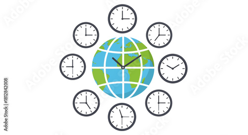 Global time zone concept with clocks surrounding earth illustration