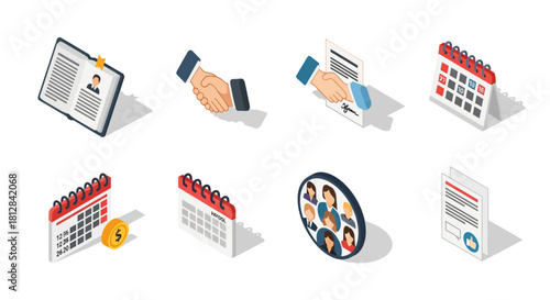 Isometric business icon set with calendar documents and handshake el