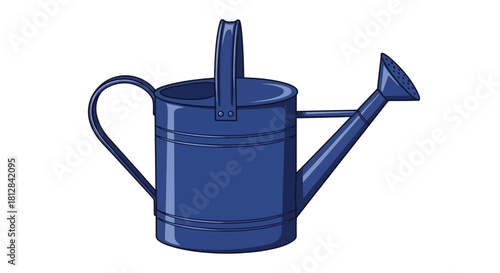 Blue watering can on white background: gardening equipment in detailed