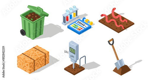 Eco-friendly composting tools and materials in isometric design
