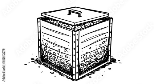 Hand-drawn compost bin illustration: sustainable organic waste solutio