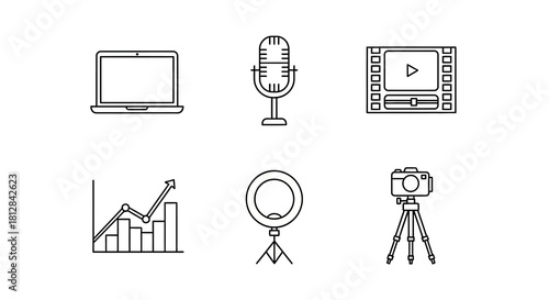 Linear icons of laptop microphone video analytics ring light and