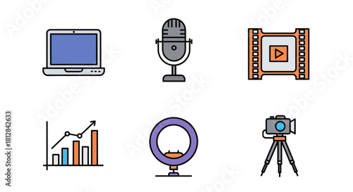 Digital media tools: laptop microphone video chart ring light cam