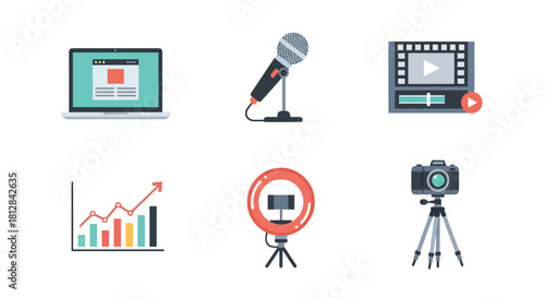 Digital media flat icons: laptop microphone video editing analytics