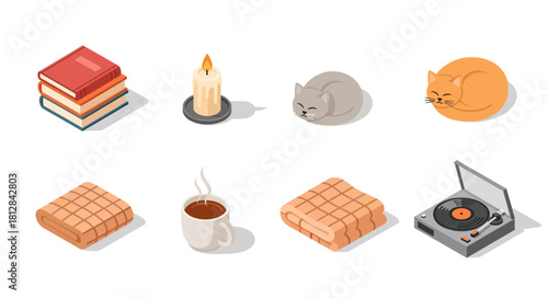 Cozy isometric designs: books cats and warmth for relaxed home vibes