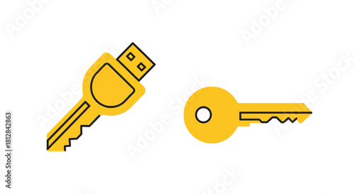Yellow usb and traditional key icons in modern flat design