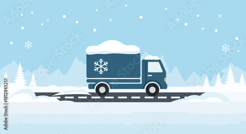 Delivery truck in winter landscape with snowflakes and mountains