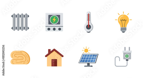 Energy solutions set: home efficiency icons with renewable sources and