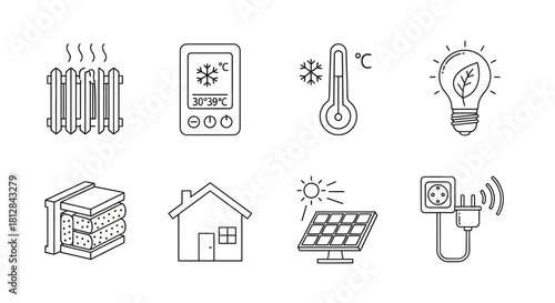Energy efficiency and home heating icons: radiator thermostat and so