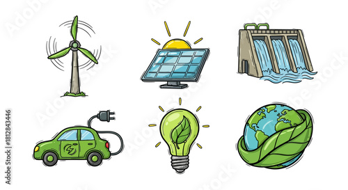 Renewable energy icons: wind solar hydropower electric car in carto