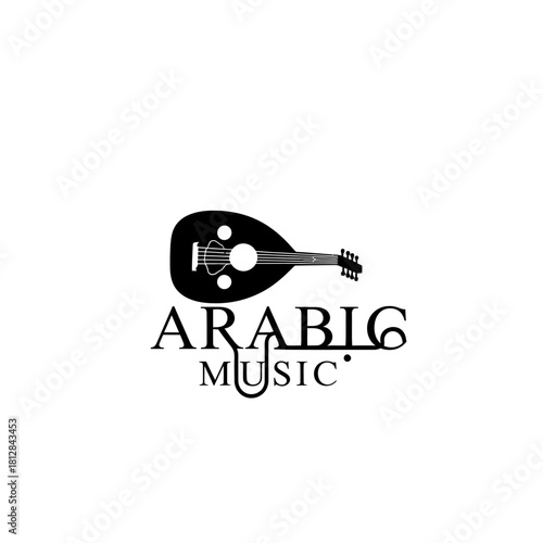 Black silhouette logo design featuring an oud instrument above the text arabic music