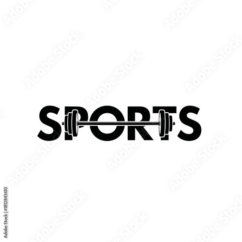 Black and white typography logo design featuring the word sports with a barbell replacing the letter o