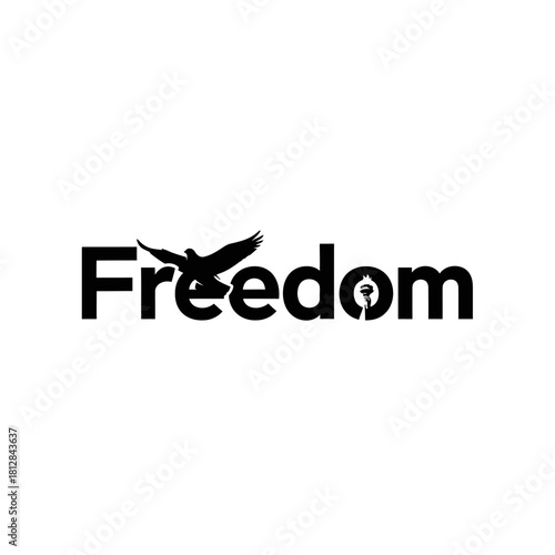 Black silhouette of the word freedom with a bird replacing the letter e and an airplane in the letter o