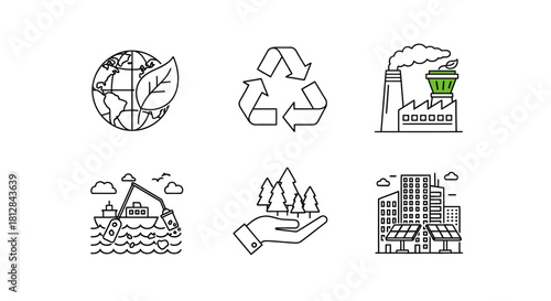 Eco-friendly icons set featuring recycling renewable energy and sust