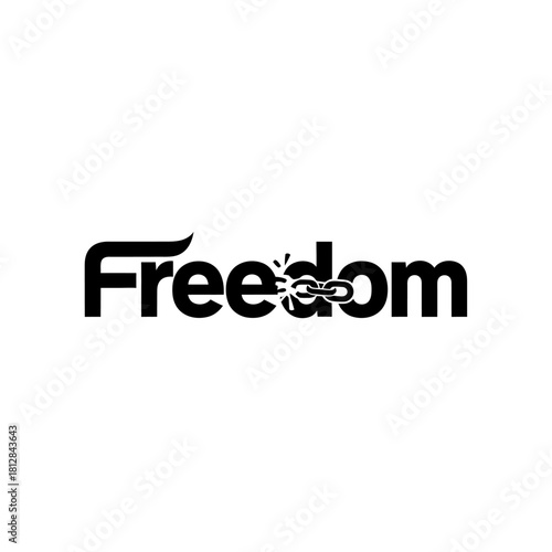 Black word freedom with a broken chain link replacing the letter e