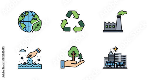 Eco-friendly industries and sustainable resources in minimalist icon s