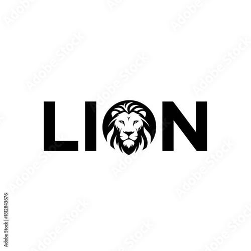Black and white minimalist logo design featuring the word lion with a lion head icon replacing the letter o