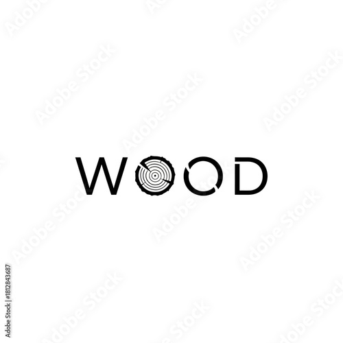 Minimalist black and white logo design for the word wood with a tree ring cross section replacing the letter o