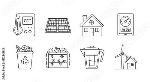Linear eco-friendly icons set: solar recycling wind compost energy