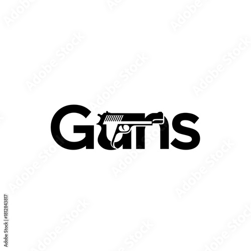 Black silhouette logo design of a handgun replacing the letter u in the word guns