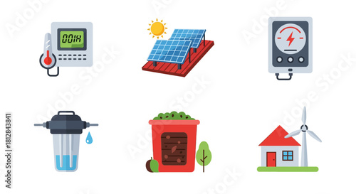 Renewable energy and eco-friendly technology icons in flat style