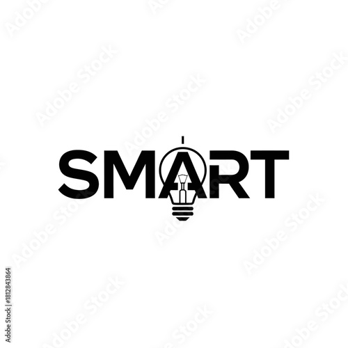 Black and white logo design featuring the word smart with a lightbulb replacing the letter a
