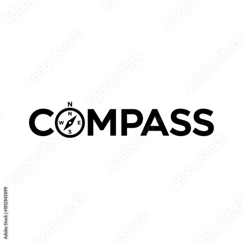 Black and white logo design featuring the word compass with a compass rose replacing the letter o
