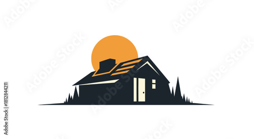 Minimalist silhouette of house with orange sun and subtle landscape el