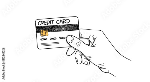 Hand holding credit card in sketch style on white background