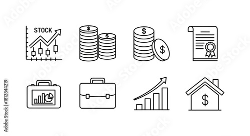 Financial icons set with coins graphs and briefcases in linear style